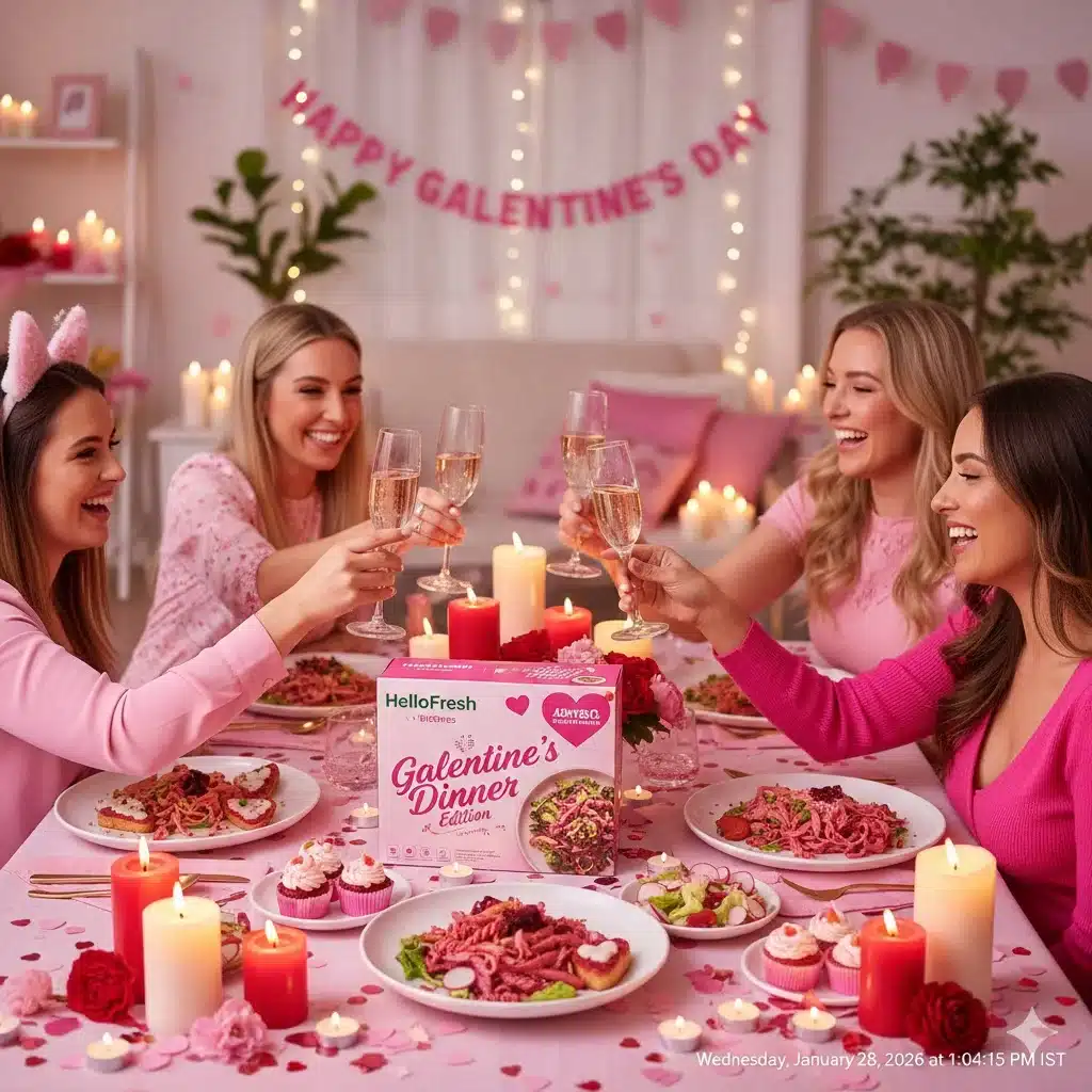 HelloFresh and Betches Galentine’s Dinner Edition kit featuring pink décor, themed meal setup, candles, and friendship celebration table