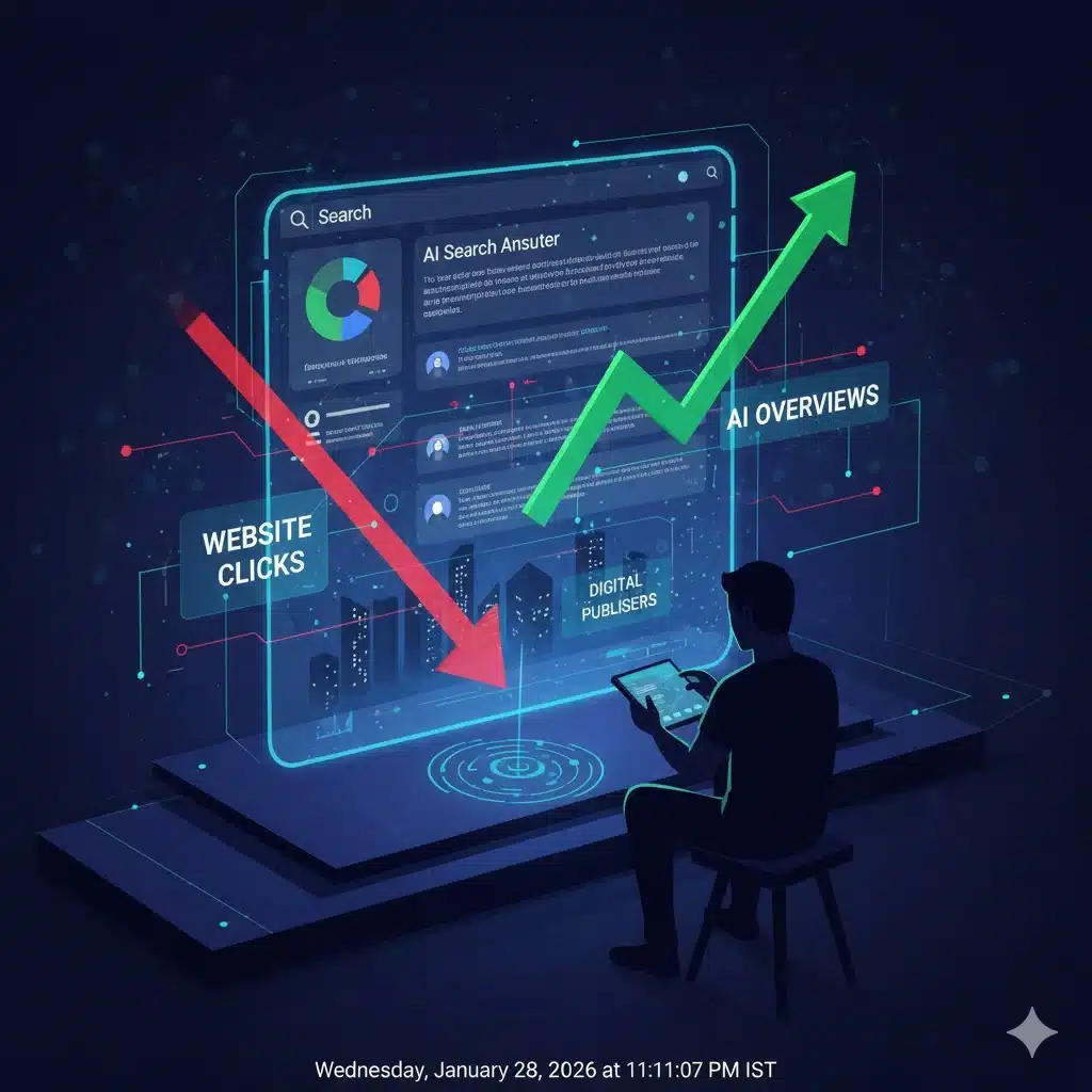 Illustration showing AI search replacing traditional website clicks and affecting digital publishers in 2026Illustration showing AI search replacing traditional website clicks and affecting digital publishers in 2026