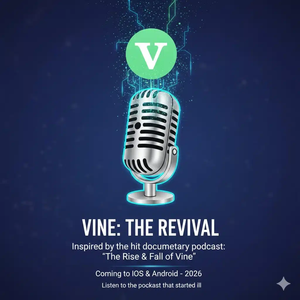 Illustration showing the Vine logo emerging from a podcast microphone, symbolizing how a documentary podcast helped inspire Vine’s revival in 2026