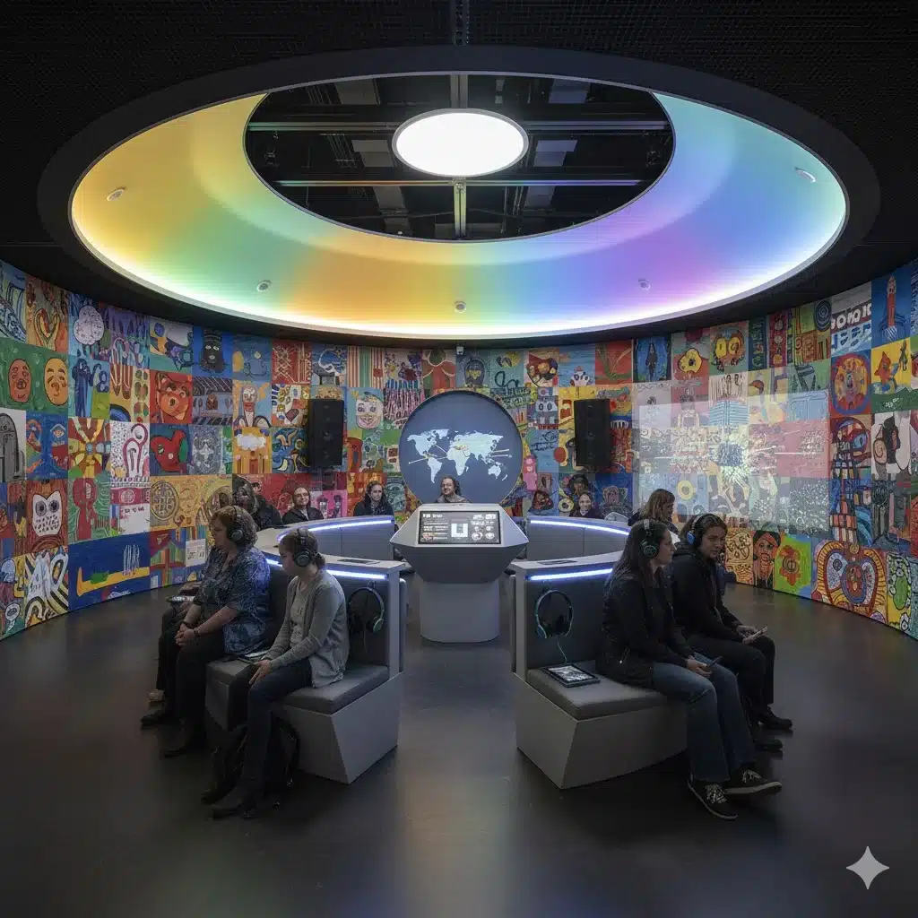 Interior of The Matter of Migration podcast installation ‘The Pod’ featuring community artwork and immersive listening space in Sheffield