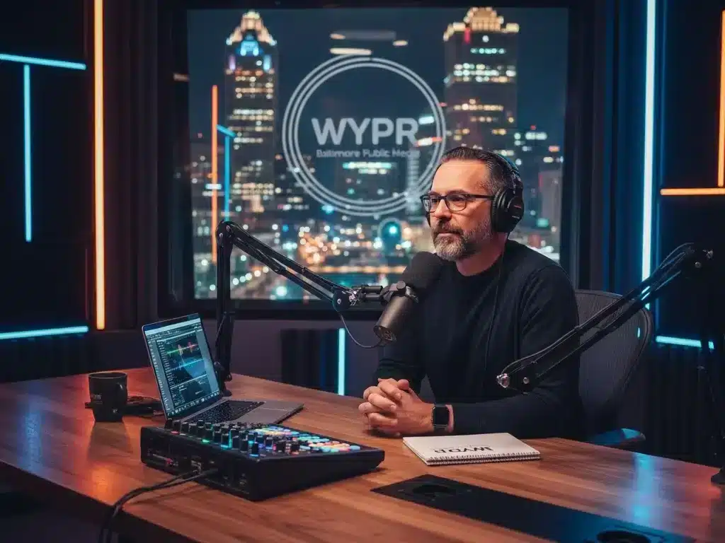 Jason Michael Perry hosting WYPR’s Thoughts on Tech & Things podcast at a Baltimore Public Media studio