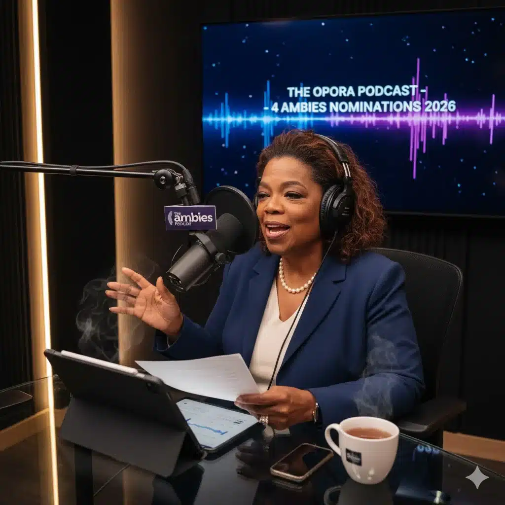Oprah Winfrey recording The Oprah Podcast after receiving four Ambies nominations in 2026