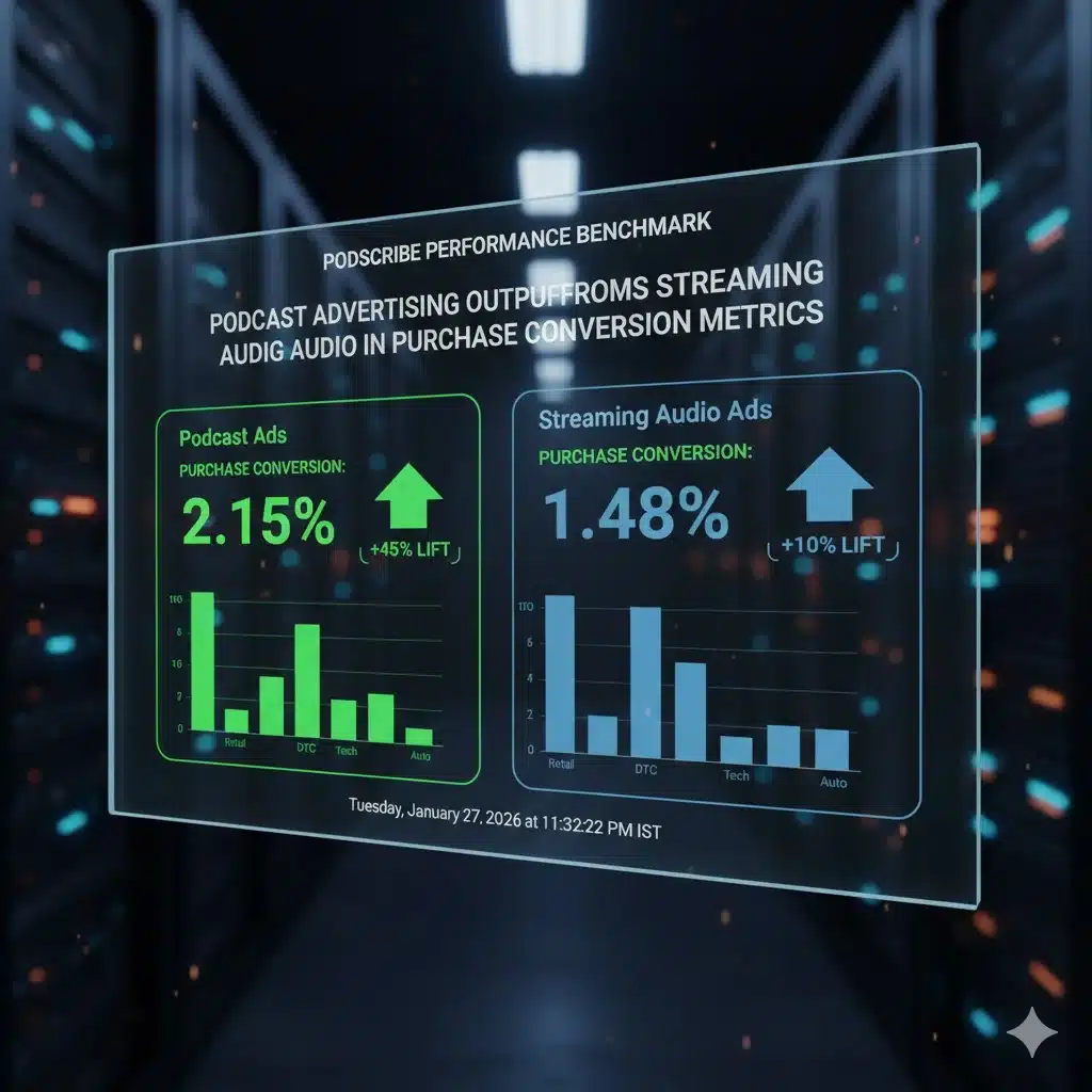 Podcast advertising outperforming streaming audio in purchase conversion metrics — Podscribe Performance Benchmark report visualization