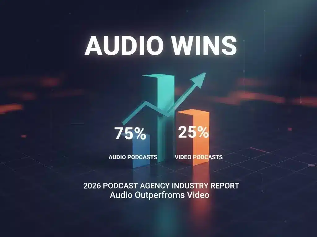 Podcast agency survey showing audio podcasts outperform video podcasts in 2026 industry report