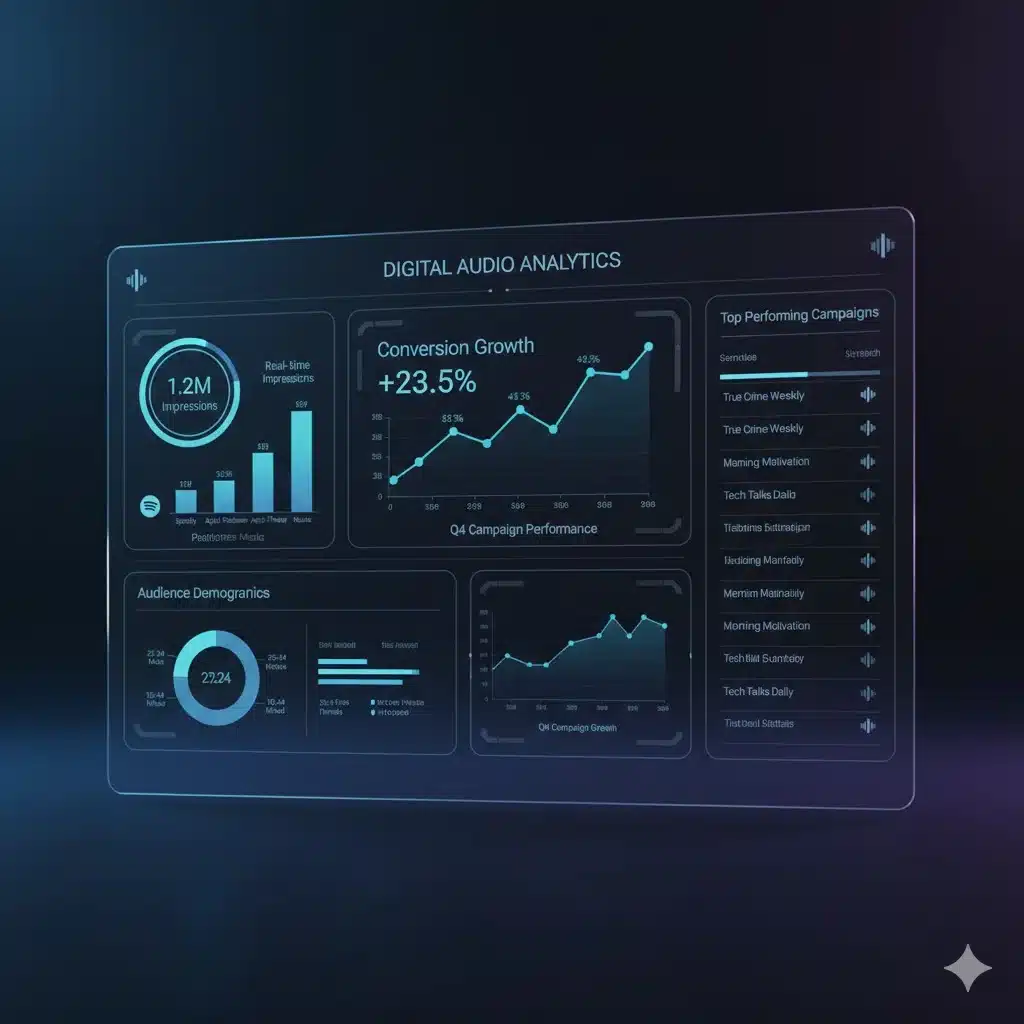 Podcast and audio advertising analytics dashboard showing digital campaign performance metrics and conversion growth