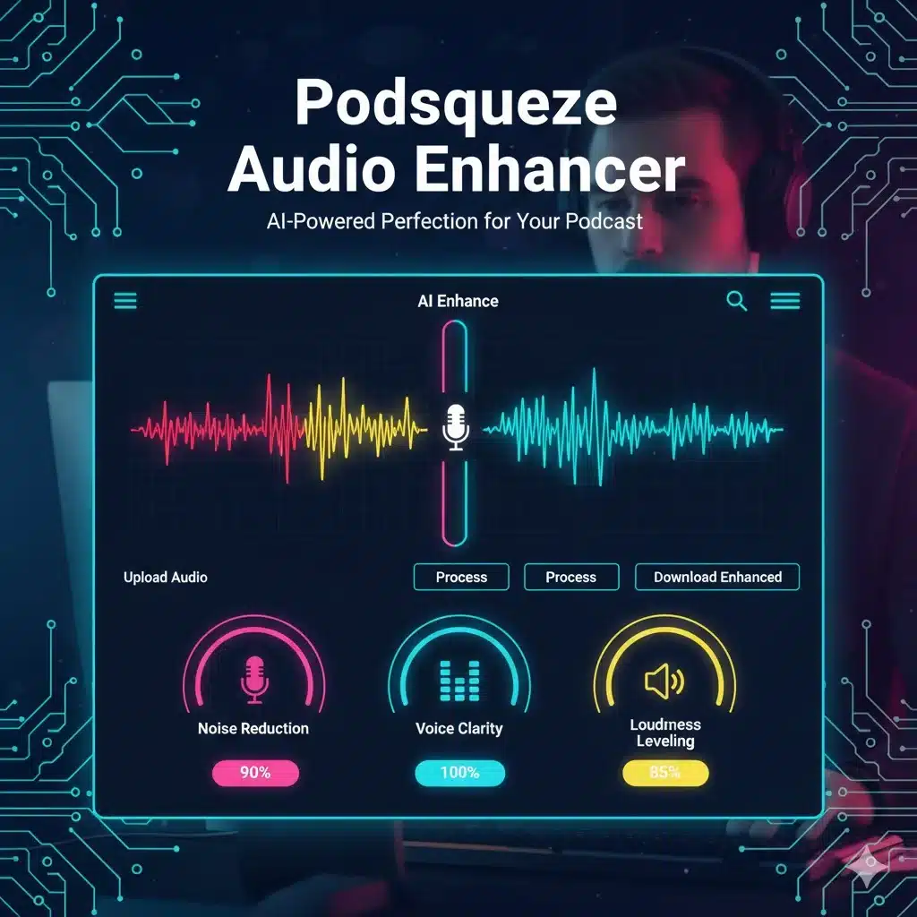 Podsqueeze Audio Enhancer dashboard showing AI-powered audio improvement for creators