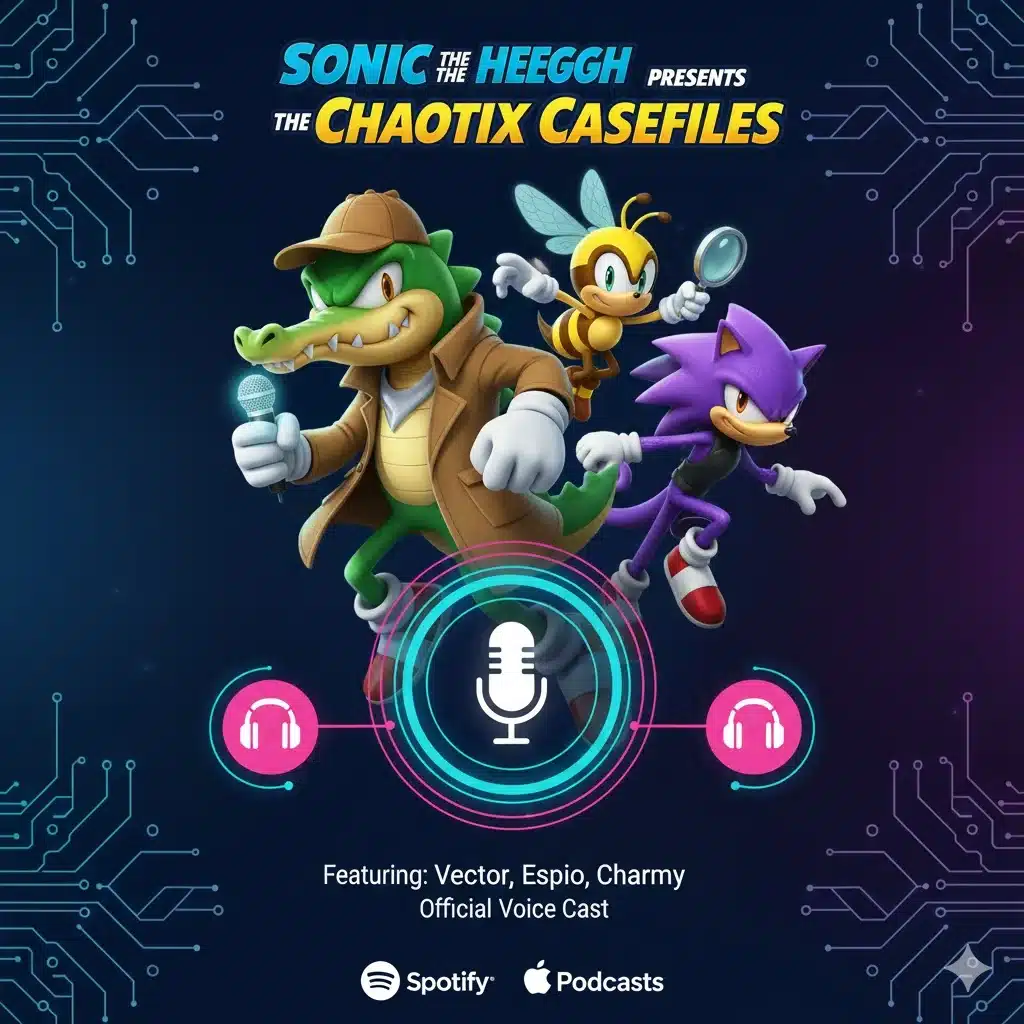 Sonic the Hedgehog Presents The Chaotix Casefiles podcast featuring Vector Espio Charmy and official voice cast