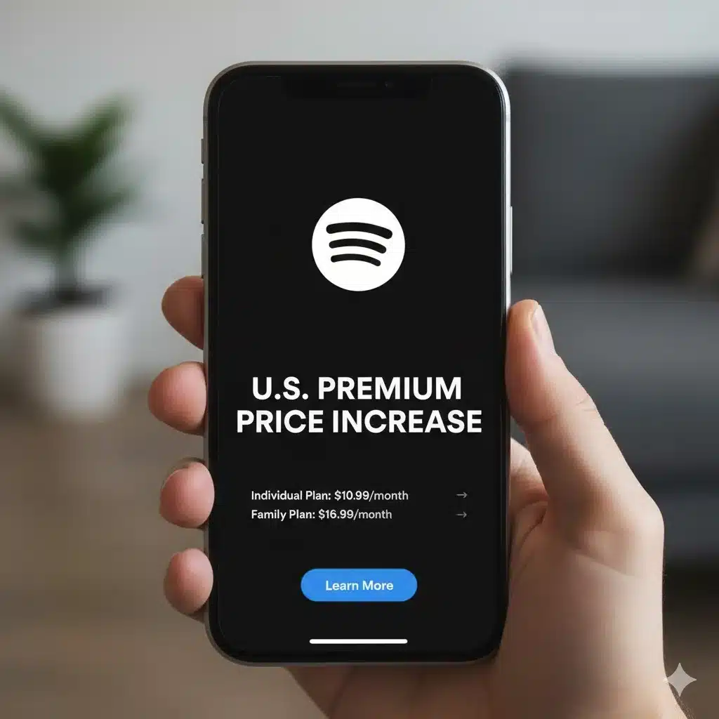 Spotify logo displayed on a smartphone screen representing the latest U.S. premium subscription price increase