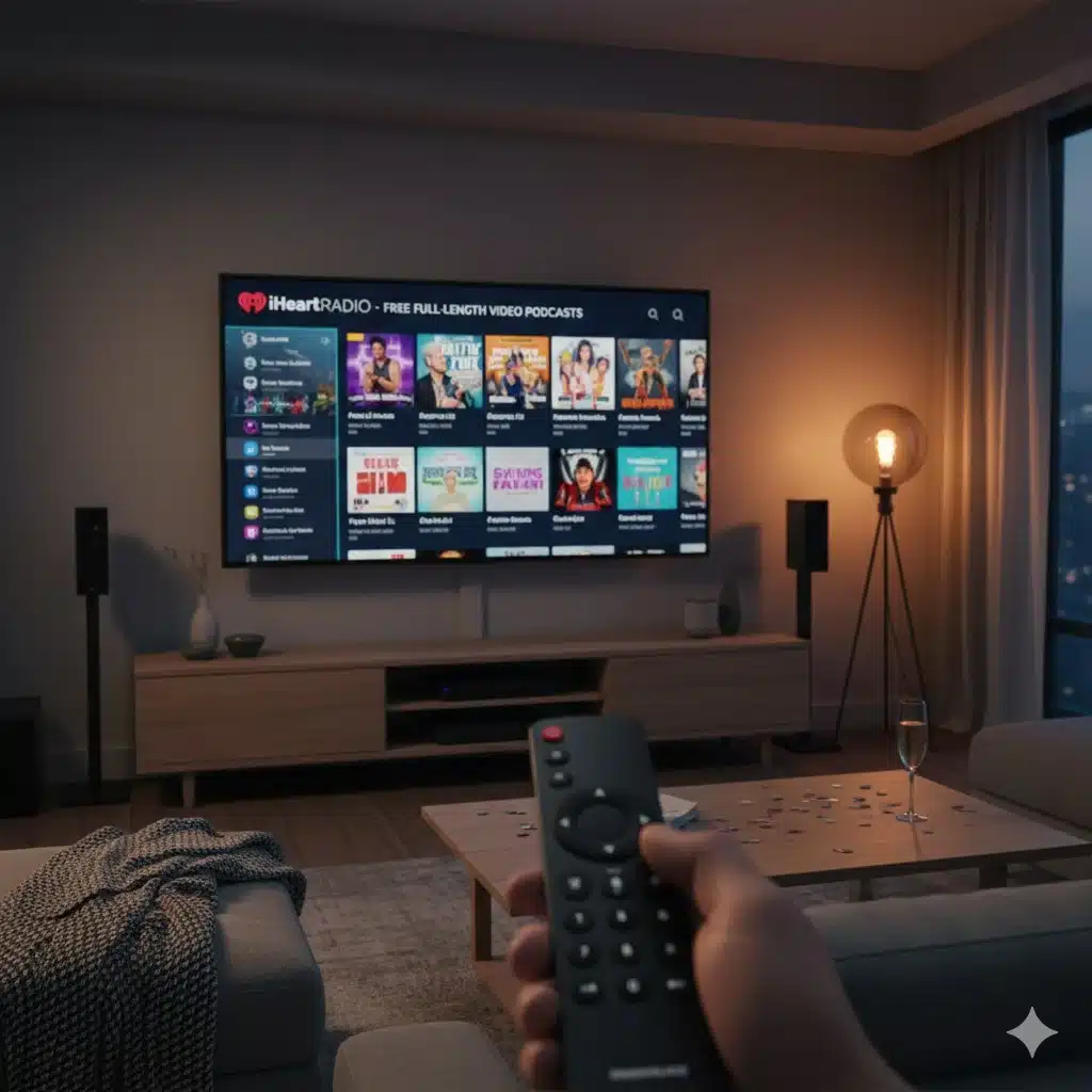 TiVo OS Smart TV displaying the iHeartRadio app interface in a modern living room setup