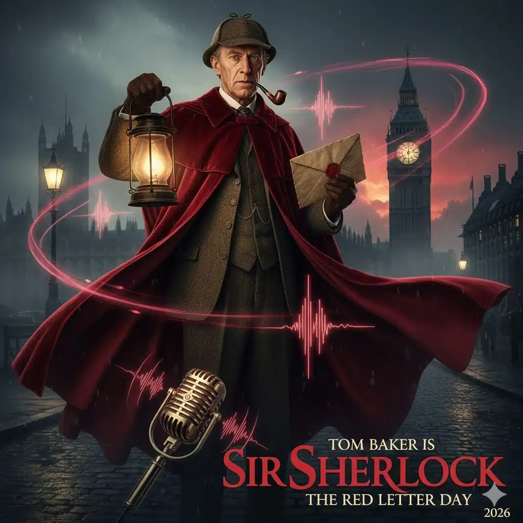 Tom Baker returns as Sherlock Holmes in audio drama Sir Sherlock The Red Letter Day promotional artwork