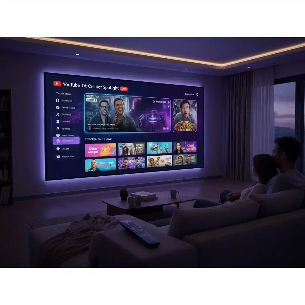 YouTube TV interface displayed on a large living room screen showcasing creator thumbnails and immersive previews