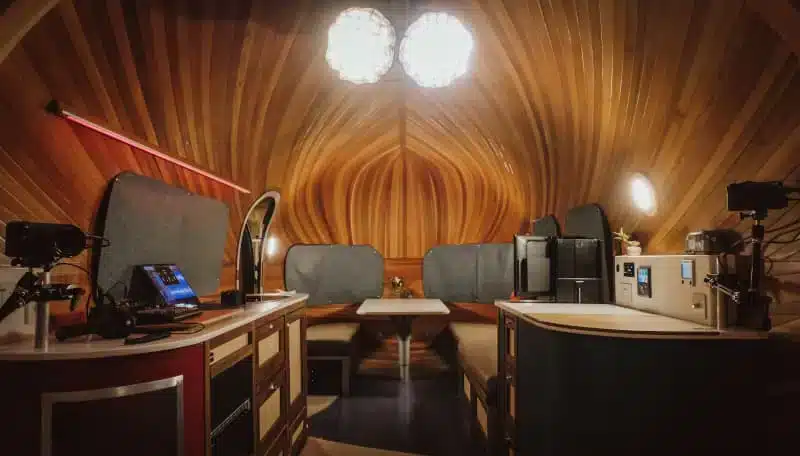 view of The Pod mobile podcast and video studio handcrafted from cedar in the Midlands