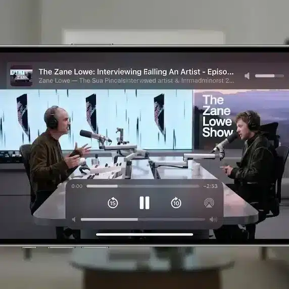 Apple Podcasts video interface on iPhone in horizontal mode