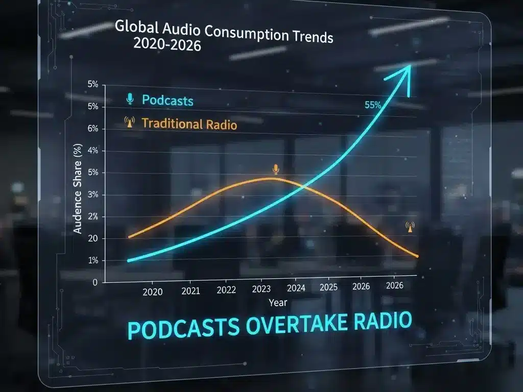Audio listening statistics chart showing podcast growth vs radio