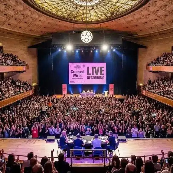 Crossed Wires Podcast Festival 2026 crowd at Sheffield City Hall during live podcast recording
