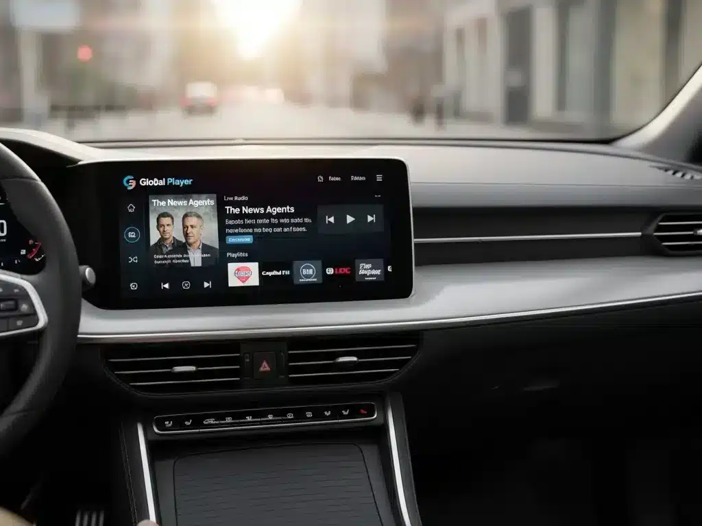 Global Player app displayed on a modern car infotainment system screen