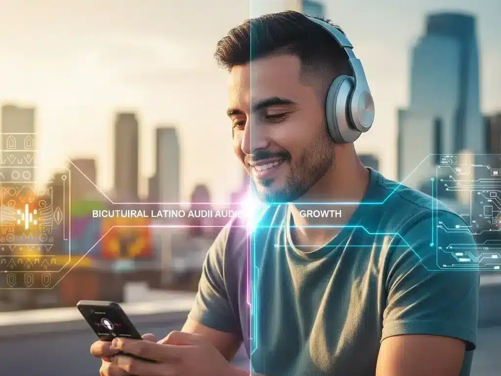 Hispanic man listening to podcast with headphones representing bicultural Latino audio audience growth