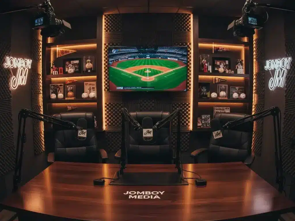 Jomboy Media podcast studio setup with microphones and baseball branding