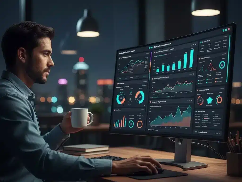 Marketer analyzing digital audio advertising performance dashboard