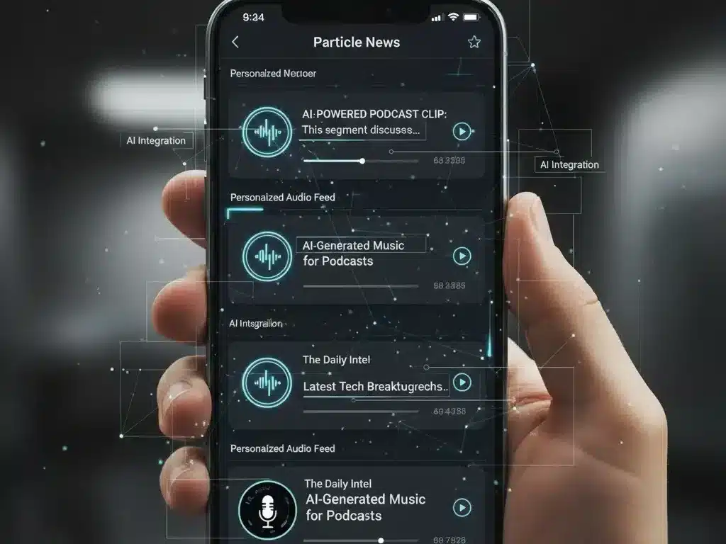 Particle news app interface showing AI-powered podcast clips integrated into personalized news feed on smartphone