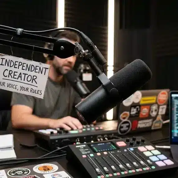 Podcast microphone in professional recording studio representing independent creators