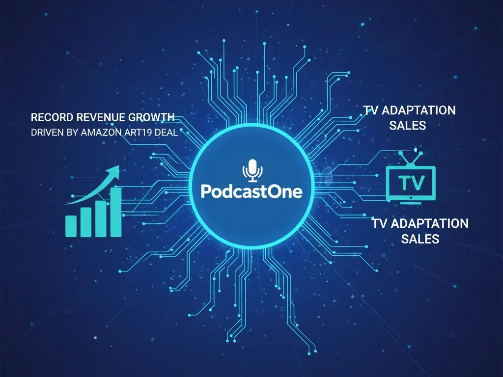 PodcastOne logo with podcast microphone concept showing record revenue growth driven by Amazon ART19 deal and TV adaptation sales