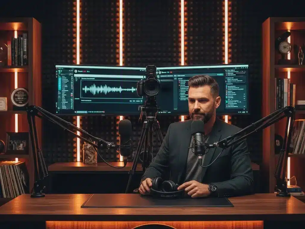 Podcaster recording video episode in professional studio