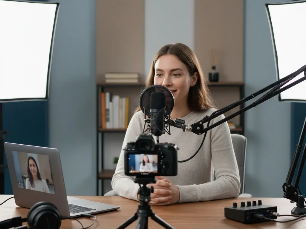 Professional podcast guest video recording setup with microphone, camera and laptop