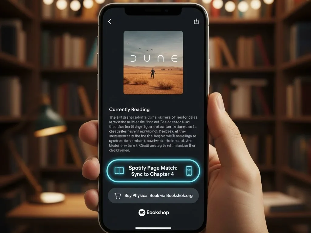 Spotify audiobook update showing Bookshop physical book buying option and Page Match page scanning feature for print-to-audio syncing