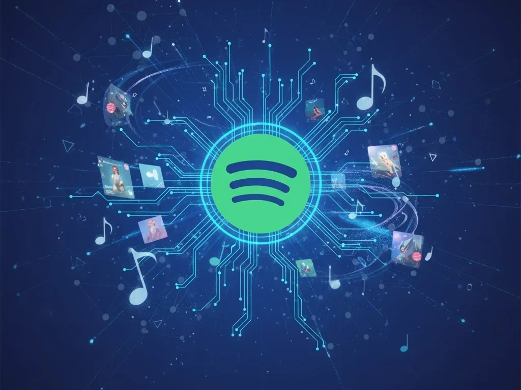 Spotify logo with AI technology concept showing artificial intelligence boosting music streaming personalization and engagement