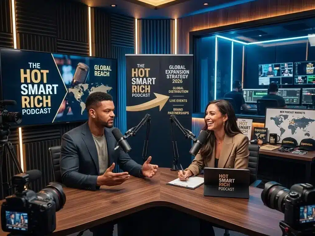 Steven Bartlett and Maggie Sellers Reum discussing Hot Smart Rich podcast expansion in luxury studio setting