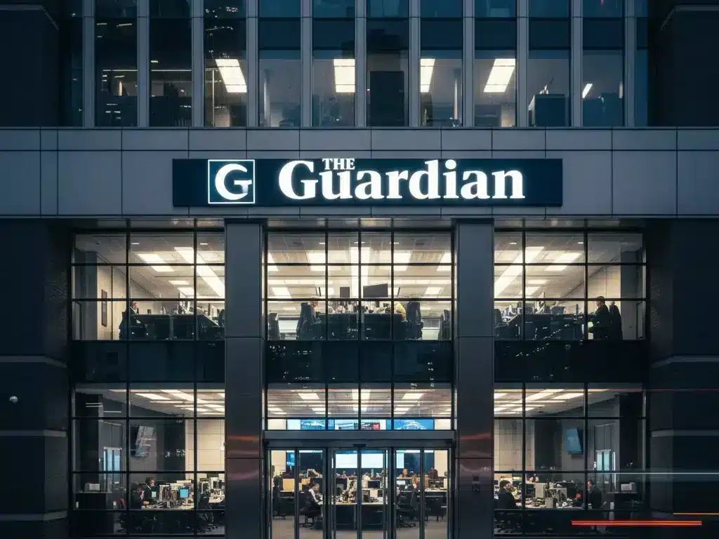 The Guardian logo on newsroom building