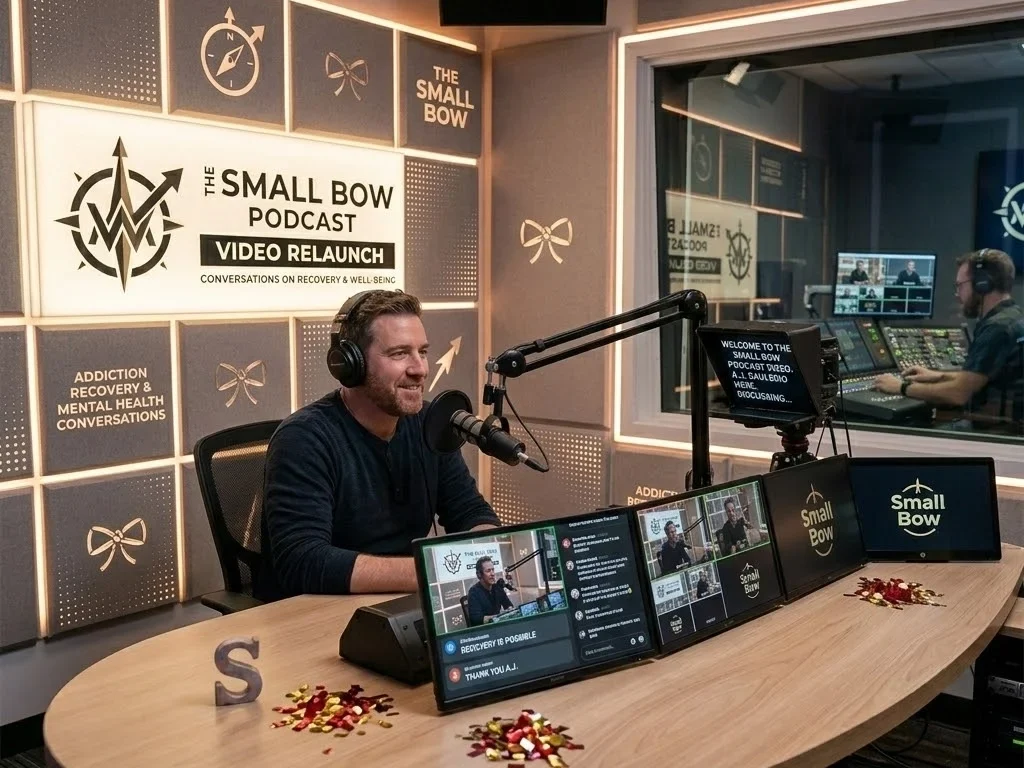 A.J. Daulerio hosting The Small Bow Podcast video relaunch discussing addiction recovery and mental health conversations.