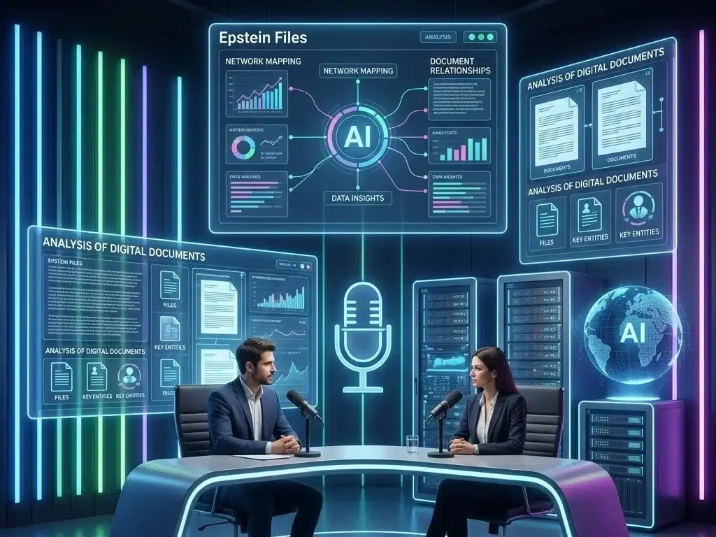 AI-generated podcast studio concept analyzing Epstein files with digital documents and data visualization interface displayed on screens