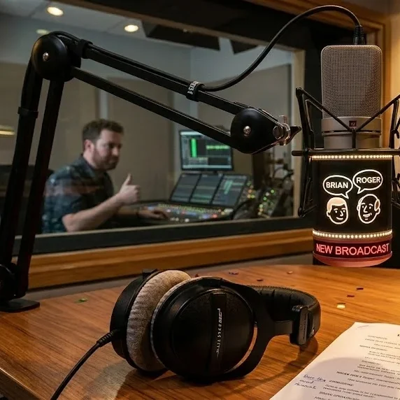 BBC Radio 4 studio microphone representing new Brian and Roger broadcast