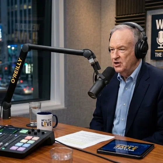 Bill O’Reilly recording the “We’ll Do It LIVE” podcast interview in studio microphone setup.