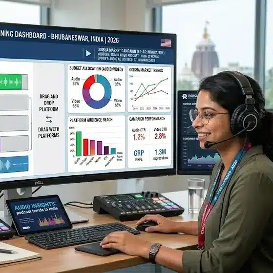 Cross-platform media planning dashboard with audio and video integration