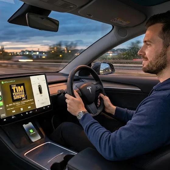 Driver listening to podcast using Apple CarPlay in car