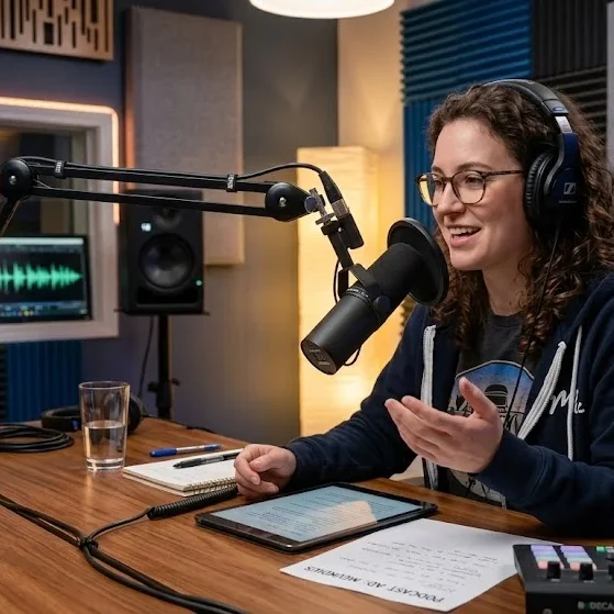 Host recording podcast advertisement in studio microphone