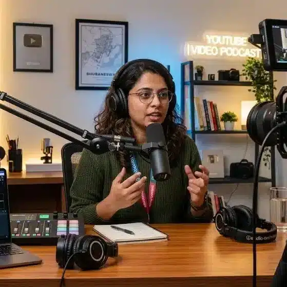 Podcast host recording video podcast for YouTube