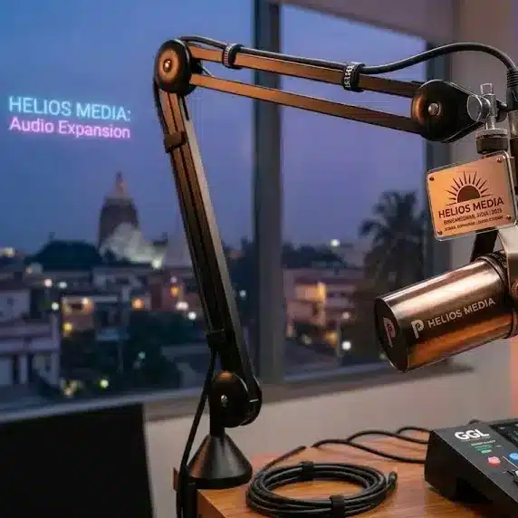 Podcast studio microphone representing Helios Media expansion