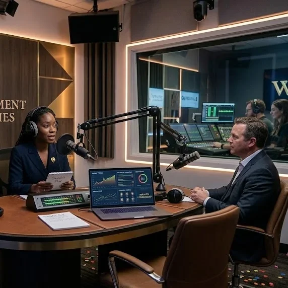 Professional podcast studio setup for wealth management leadership series