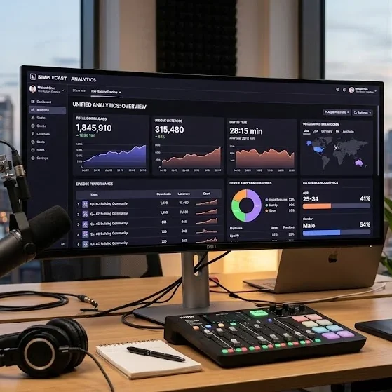 Simplecast podcast dashboard showing unified analytics