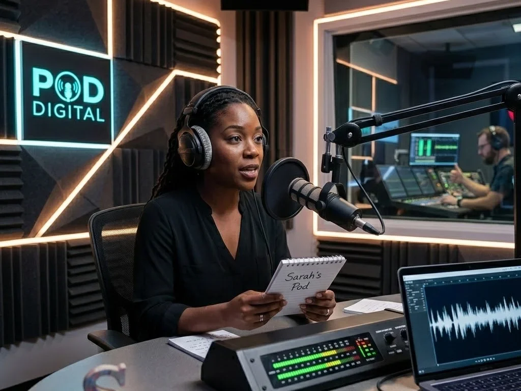 female Podcast host recording episode in professional studio