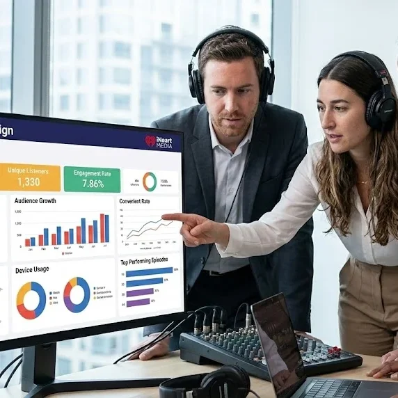 marketers analyzing podcast campaign data on screen