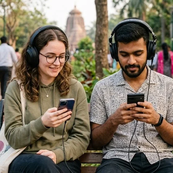 users listening to podcasts with headphones and smartphone