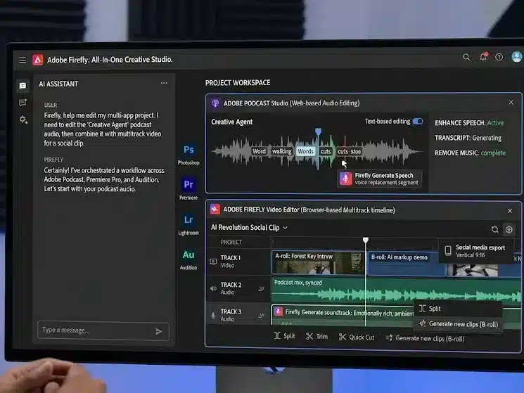 Adobe Firefly AI Assistant interface showing multi-app creative workflow with podcast audio editing and multitrack video features