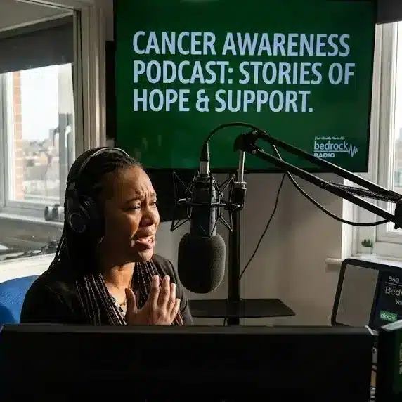 Cancer awareness podcast being recorded for Bedrock Radio broadcast with host speaking into microphone