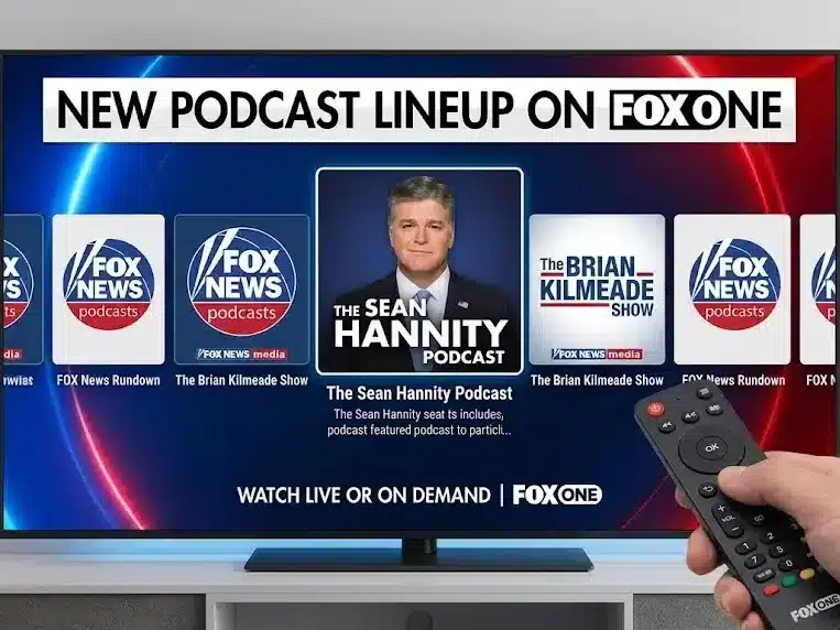 Fox One streaming platform showcasing new podcast lineup including Sean Hannity and Fox News Media shows