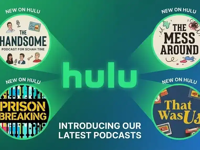 Hulu logo with podcast icons representing new shows Handsome, The Mess Around, Prison Breaking, and That Was Us